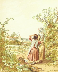 نقاشی -   - دختری با لباس سفید ایستاده بر روی خاک قهوه ای که توسط غبار چسب احاطه شده است