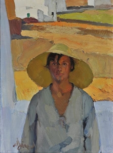 نقاشی -  882578 - زنی با دکمه آبی تا پیراهن بدون کلاه کلاه قهوه ای نی