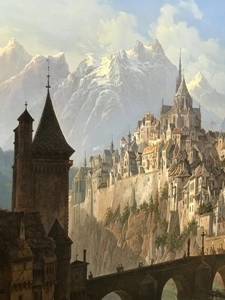 نقاشی -  60 - قلعه قهوه ای و خاکستری نزدیک عکس کوه