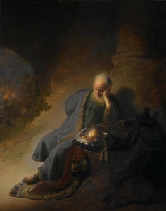 نقاشی -  44 - مردی با لباس خاکستری که روی عکس سنگی نشسته است