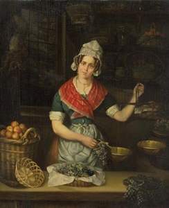 نقاشی -  9 - زن با لباس سبز و سفید گل نشسته روی کف آشپزخانه