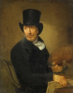 نقاشی -   - مردی با کلاه کابوی سیاه که عکس حیوانات قهوه ای را در دست دارد