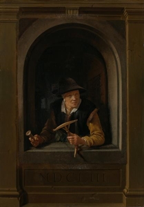 نقاشی -  10 - مردی با ژاکت چرمی قهوه ای و کلاه سیاه نشسته بر روی چلپ چلوپ